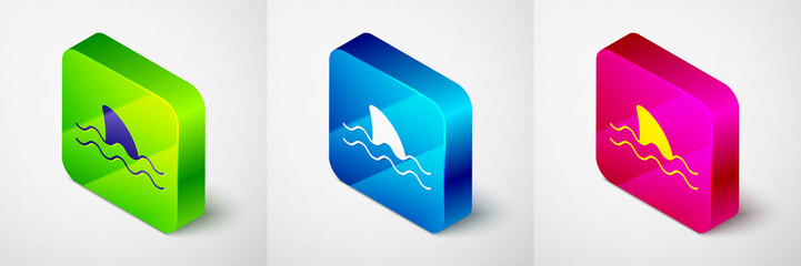 Isometric Shark fin in ocean wave icon isolated on grey background. Square button. Vector