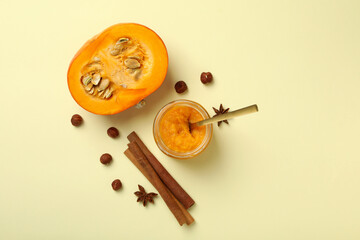 Concept of tasty food, pumpkin jam, top view