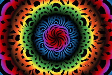 Beautiful glow colour caleidoscope gradient flower line art pattern wallpaper of indonesian traditional abstract batik  ethnic dayak ornament for commercial  ads