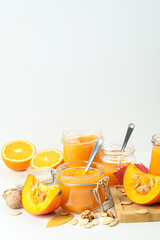Concept of tasty food, pumpkin jam, space for text