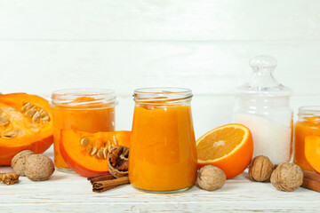 Concept of tasty food, pumpkin jam, close up