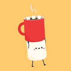 Funny Marshmallows characters  and cup of coffee. Marshmallows character design. Dessert cartoon.