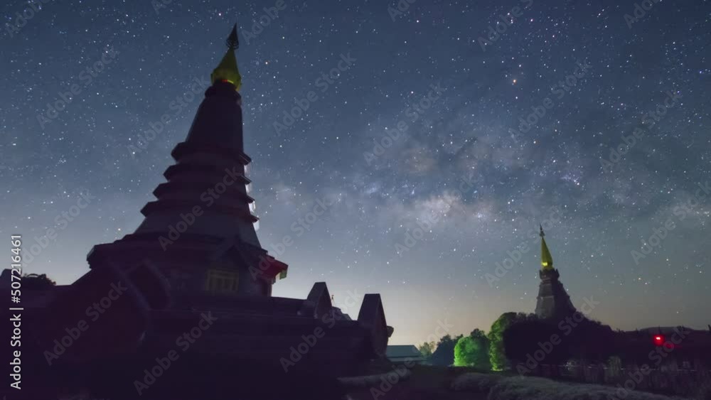 Wall mural time lapse 4k of the milky way galaxy moving over a sacred temple at doi inthanon national park, chi