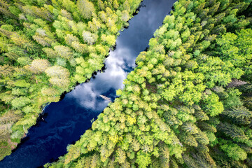 Naklejka premium Aerial view of the forest and the river in which the sky is reflected. Summer landscape in the forests of Karelia