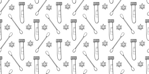 Test tube, beaker with swab and molecule virus isolated on white background. Covid-19 test. Blood samples. Flu analysis for laboratory. Vector outline doodle illustration