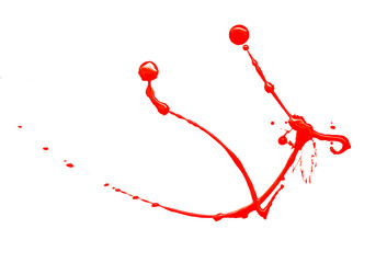 Drops of red paint on a white background.