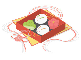 和風の箱に入った和菓子　うさぎと松と梅の練りきり