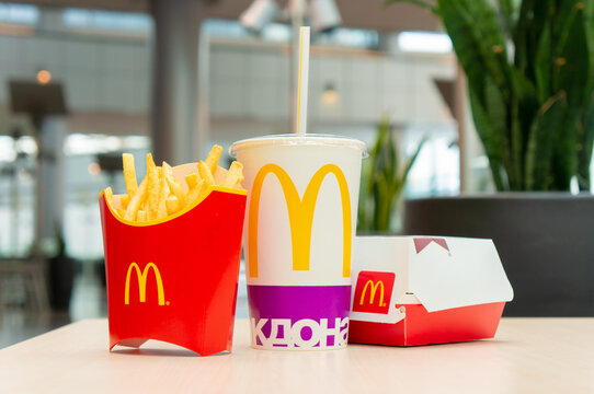 Moscow, Russia, March 15 2018: McDonald's Big Mac hamburger menu, French Fries and Coca Cola