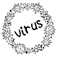Background, frame, border from molecules, cells of virus, bacteria with lettering. Concept of dangers of a viral infection, vaccination, pandemic covid-19. Vector hand drawn outline doodle isolated