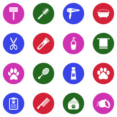 Fototapeta premium Pet Grooming Icons. White Flat Design In Circle. Vector Illustration.