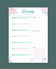 Weekly planner for planning tasks for the whole day business tasks and study schedule with flowers