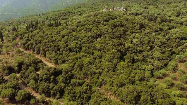 Aerial view of st Georgios church forest landscape in Greece