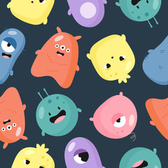 Pattern with Cute Monsters. Illustration in vector. For greeting card, posters, banners, the card or stick, printing on the pack, printing on clothes, fabric, wallpaper.