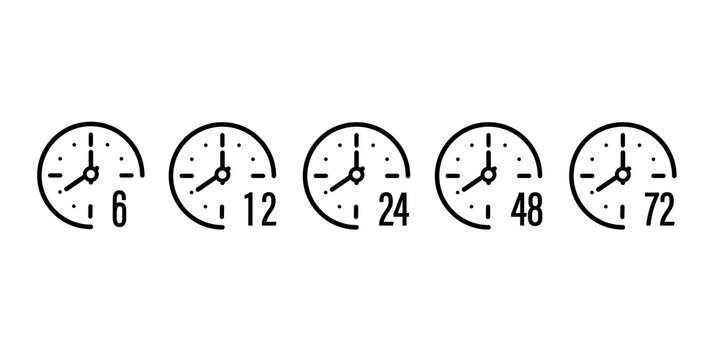 Clock Arrow Icons Set 6, 12, 24, 48,72 Hours. Countdown Time. Delivery Service, Service Time. Vector Illustration.