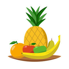 Fresh fruit on a plate. Still life of different fruits in a flat style. Vector illustration isolated on white background.