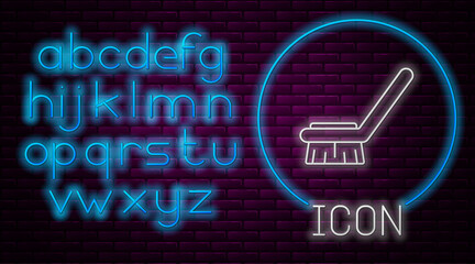 Glowing neon line Brush for cleaning icon isolated on brick wall background. Cleaning service concept. Neon light alphabet. Vector Illustration