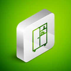 Isometric line Medicine cabinet icon isolated on green background. Silver square button. Vector Illustration