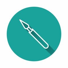 White line Medical surgery scalpel tool icon isolated with long shadow. Medical instrument. Green circle button. Vector Illustration