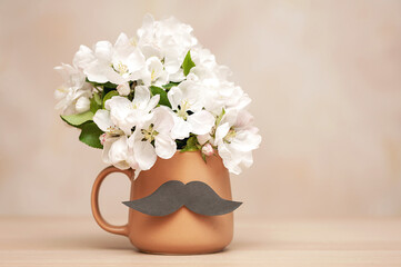 Happy father's day concept. Brown coffee mug with mustache