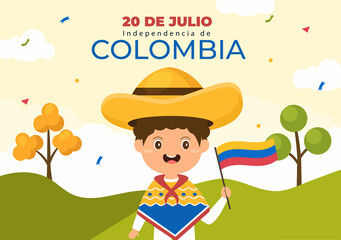 20 De Julio independencia De Colombia Cartoon Illustration with Flags, Balloons and Cute Kids People Characters for Poster Design