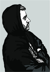 A bearded man, in a black sweater with a hood on his head and arms crossed over his chest. Hand made grayscale drawing. Портрет, линейный вектор. Рисунок художника iThyx