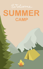 Banner-invitation for camping, tourism, hiking. Vector illustration of landscape with mountains, trees, tent and campfire.
