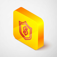 Isometric line Shield with dollar symbol icon isolated on grey background. Security shield protection. Money security concept. Yellow square button. Vector