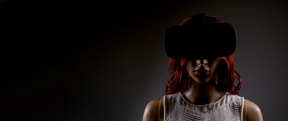 Online virtual fraud and catfish fake woman metaverse using VR goggles with copy space