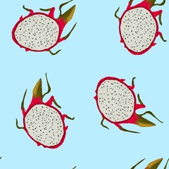 Seamless pattern of dragonfruits on a blue background. Fruit bright background for your design.