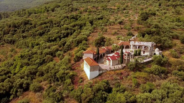Aerial view of st Georgios church forest landscape in Greece