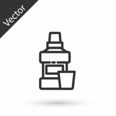 Grey line Mouthwash plastic bottle and glass icon isolated on white background. Liquid for rinsing mouth. Oralcare equipment. Vector