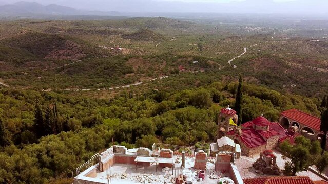 Aerial view of st Georgios church forest landscape in Greece