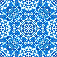 Blue white watercolor azulejos tile background. Seamless coastal geometric floral mosaic effect. Ornamental arabesque all over summer fashion damask repeat