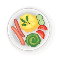 Breakfast or lunch top view. Delicious, healthy food on porcelain dish. Classic hearty breakfast. Nicely served food on white plate