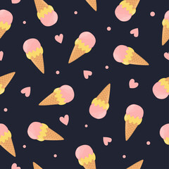 Fototapeta na wymiar Ice cream seamless pattern. Waffle cone with scoops of ice cream. Background for poster, print, cards, wrapping paper, clothes decoration and ice cream shop