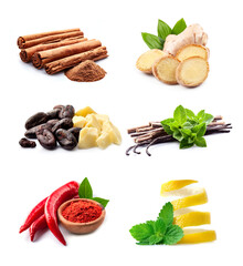 Collage of spice on white backgrounds.Healthy food ingredient.  Assorts spice.