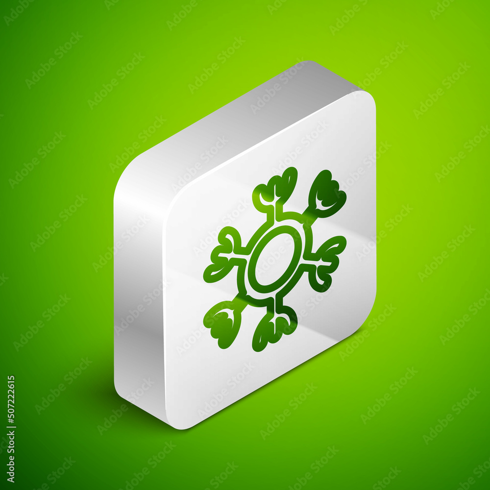 Poster isometric line snowflake icon isolated on green background. silver square button. vector