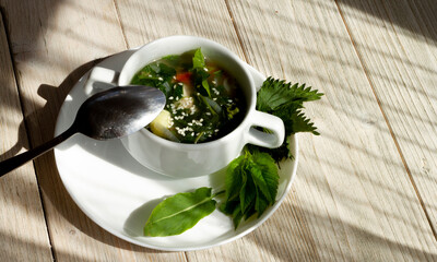 Chicken and wild plant soup with nettle, sorrel, aegopodium podagraria or ground elder . It is used as food and medicine. for healthy joints. wild cuisine