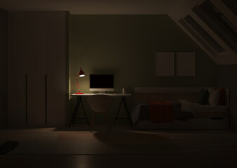 Modern teenager room interior with workplace and bed. Night. Evening lighting. 3D rendering.