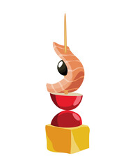 Canape of appetizer with toppings. Snack for party, cold food on wooden stick. Canape for buffet, icon isolated on white background. Sandwhich for gourmet table