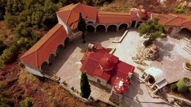 Aerial view of st Georgios church forest landscape in Greece