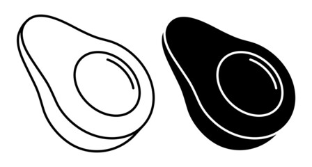 Linear icon, avocado fruit cut in half with seed in middle. Exotic fruit. Simple black and white vector isolated on white background