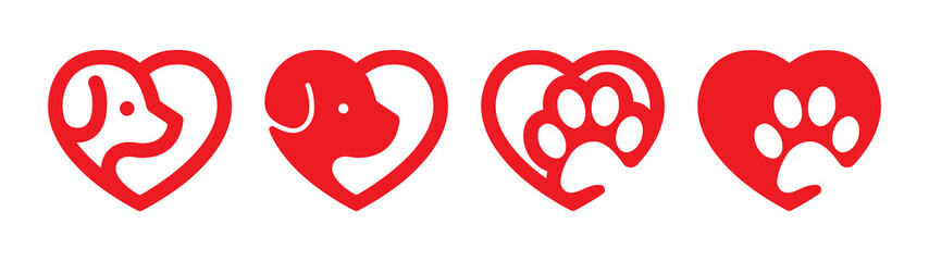 Fototapeta na wymiar Dog Love Heart with cute puppy face and dog paw vector illustration set. Best used for pet care, pet-friendly logo. 