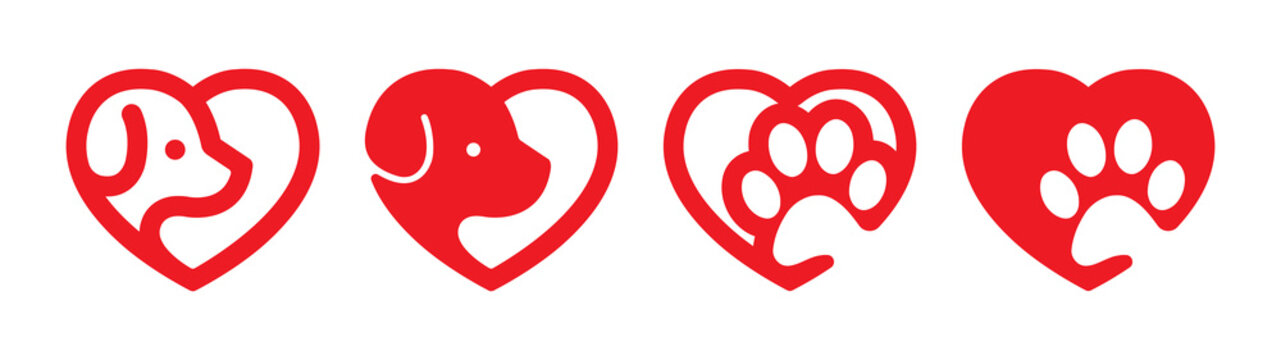 Dog Love Heart with cute puppy face and dog paw vector illustration set. Best used for pet care, pet-friendly logo.	
