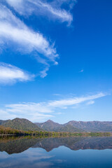 Obraz premium 青空の下、山々を湖面に映す湖。