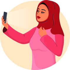 Arabic young woman in hijab making selfie, Muslim girl in fashion traditional dress from UAE or Saudi Arabia posing, islamic model vector illustration