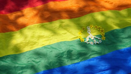 Symbol of peace with flowers on rainbow LGBT flag background in pride month of dignity and diversity. Close up, copy space, paste text, sunny summer day.