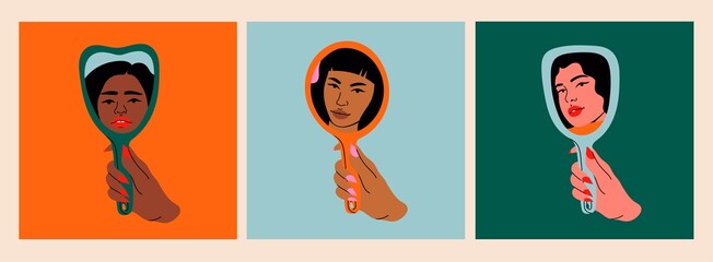 Woman's hand holding mirror reflexing her beautiful face. Lady staring at herself in mirror reflection. Hand drawn isolated Vector illustrations. Cartoon flat style. Self love, acceptance concept