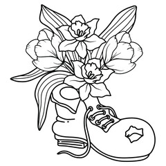 Flowers bunch in the old shoe, Orchid flowers outline illustration for coloring book