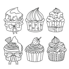 A set of sweet cupcakes with cream, heart, and strawberry. Kawaii coloring page. Black and white illustration for kids coloring book